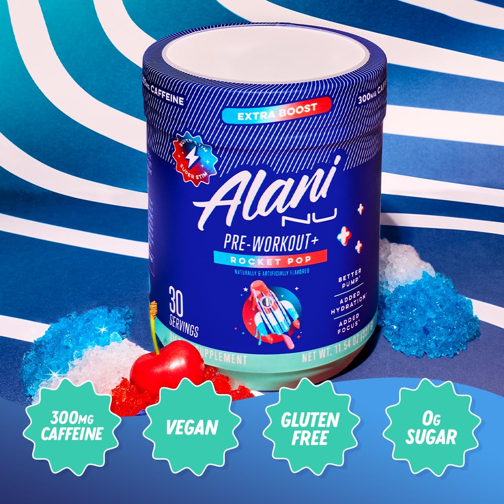 Alani Nu Pre Workout Rocket Pop serving scoop on counter ready to mix.