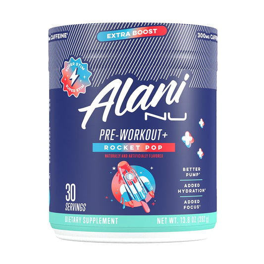 Alani Nu Pre Workout Rocket Pop tub front with bold flavor label for energy.