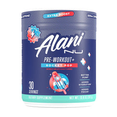 Alani Nu Pre Workout Rocket Pop tub front with bold flavor label for energy.