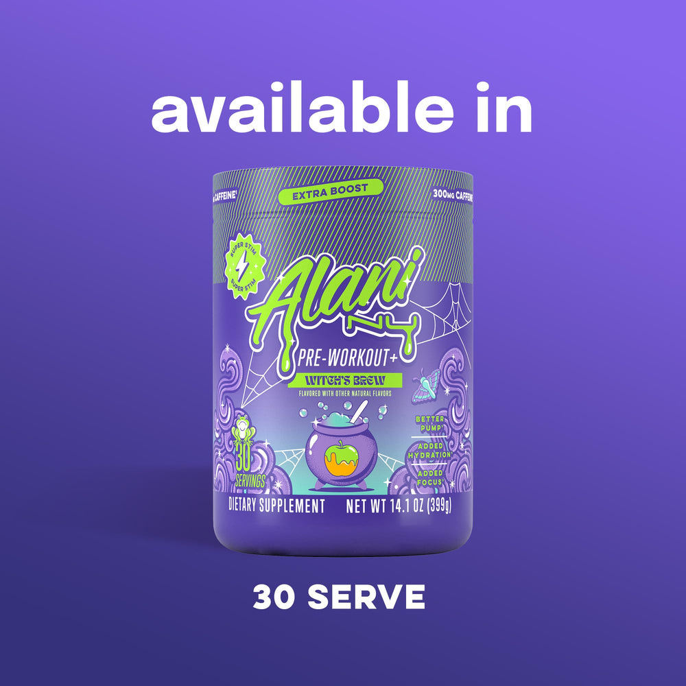 Alani Nu Pre Workout Witch's Brew jar highlights bold flavor options