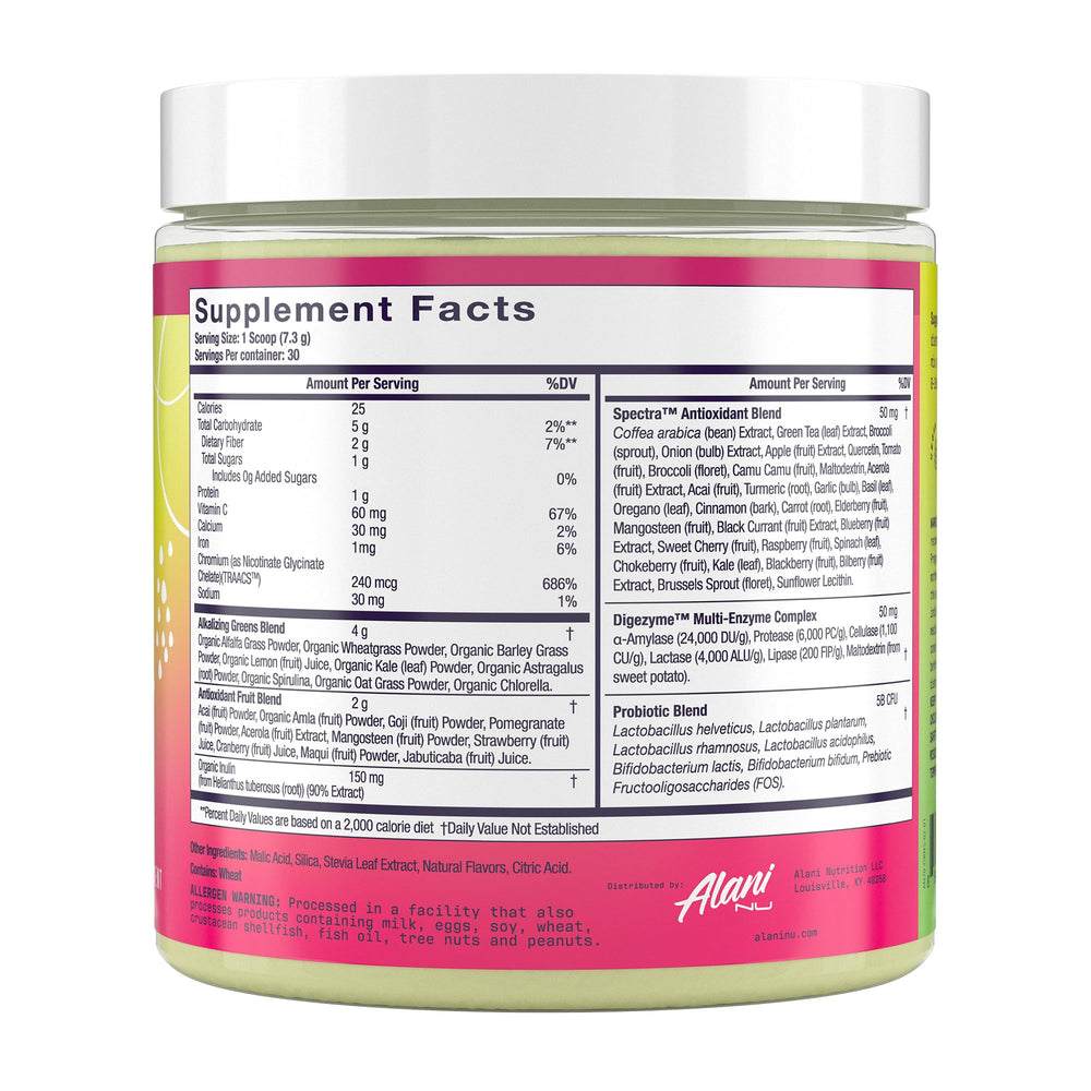 Alani Nu Super Greens Wild Berry scoop for easy smoothie prep.