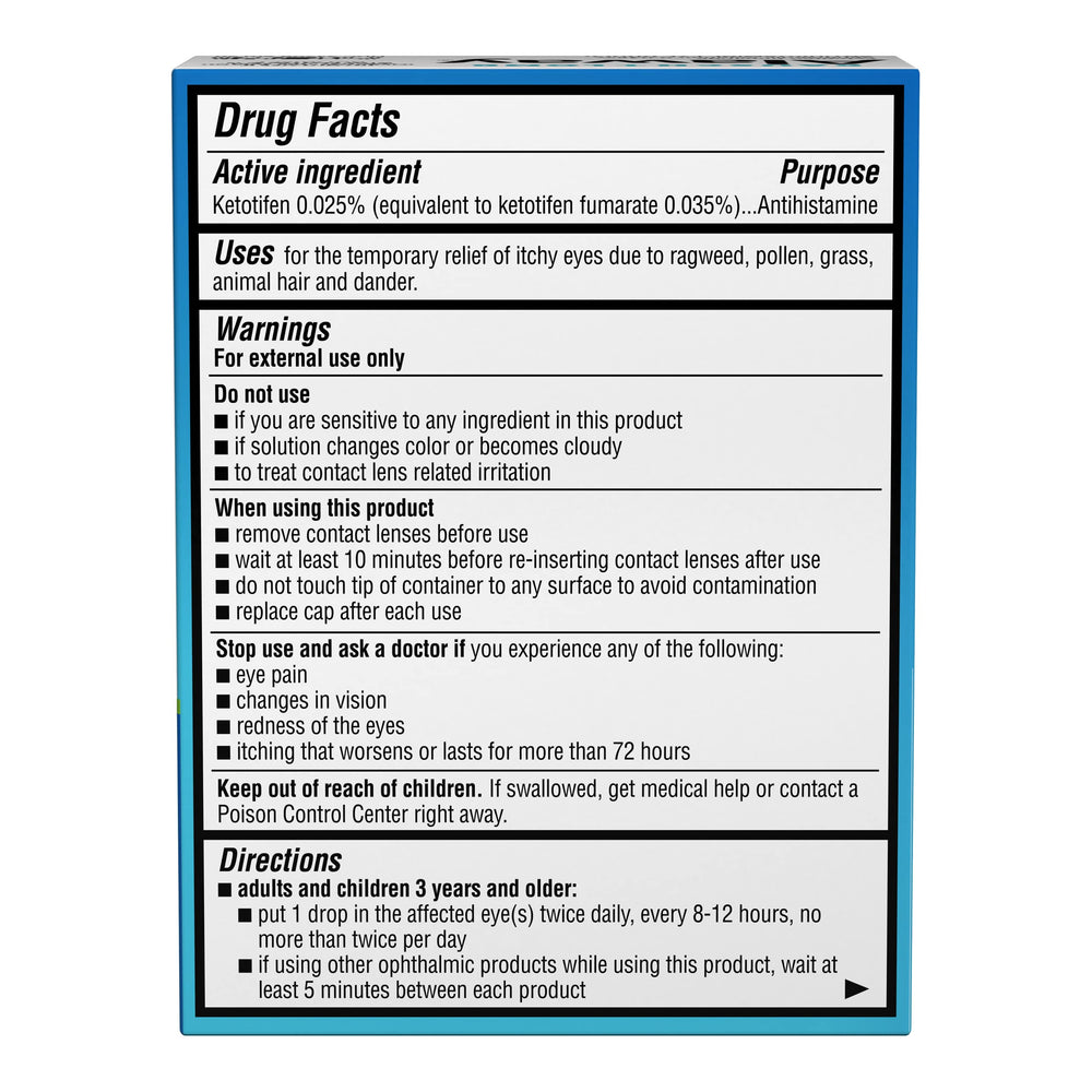 Ketotifen fumarate ingredient label on Alaway packaging.