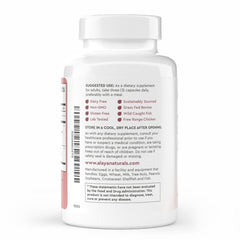 Alaya Naturals capsules packaging label highlights non-GMO and USA-made quality.