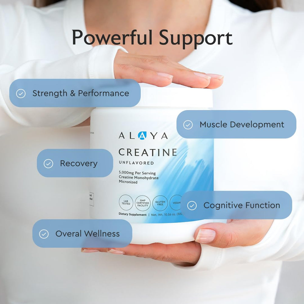 Spoon resting on Alaya Naturals creatine powder container