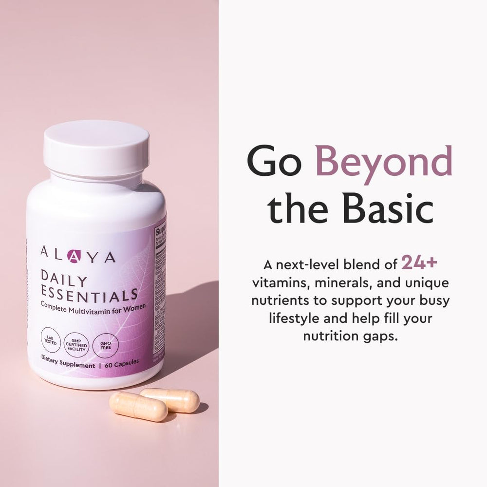 Alaya Naturals Daily Essentials bottle closeup reveals capsule texture and quality