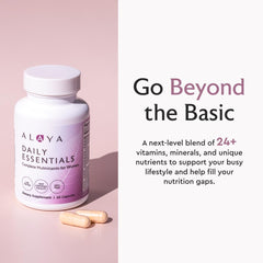 Alaya Naturals Daily Essentials bottle closeup reveals capsule texture and quality