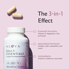 Alaya Naturals Daily Essentials packaging highlights vitamin-rich formula for women's health