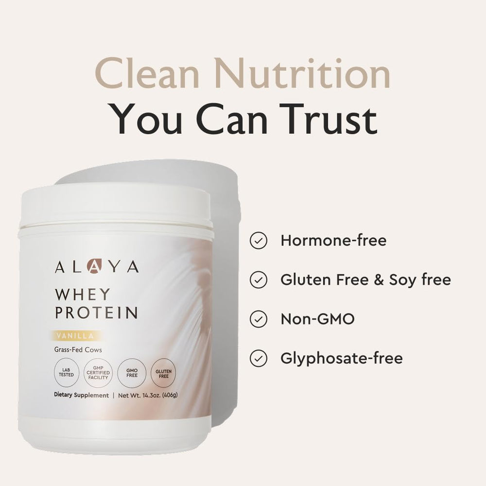 Alaya Naturals blender bottle with vanilla whey for easy blending.