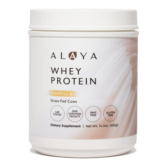 Alaya Naturals grass fed whey bottle with vanilla flavor for post-workout recovery.