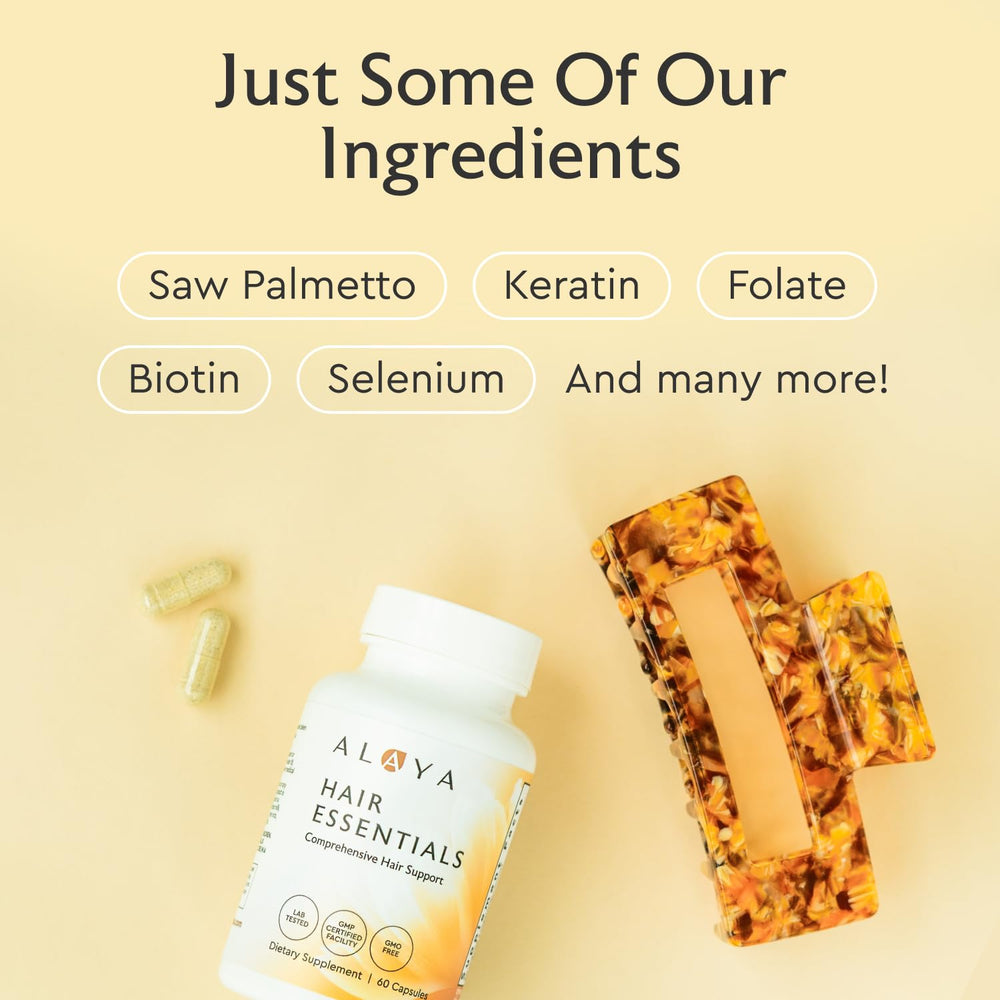 Alaya Naturals Hair Essentials ingredients shot highlights vitamins and minerals for hair health.