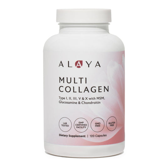 Alaya Naturals hydrolyzed multi-collagen capsules bottle with clear label for skin and joints support.