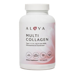 Alaya Naturals hydrolyzed multi-collagen capsules bottle with clear label for skin and joints support.