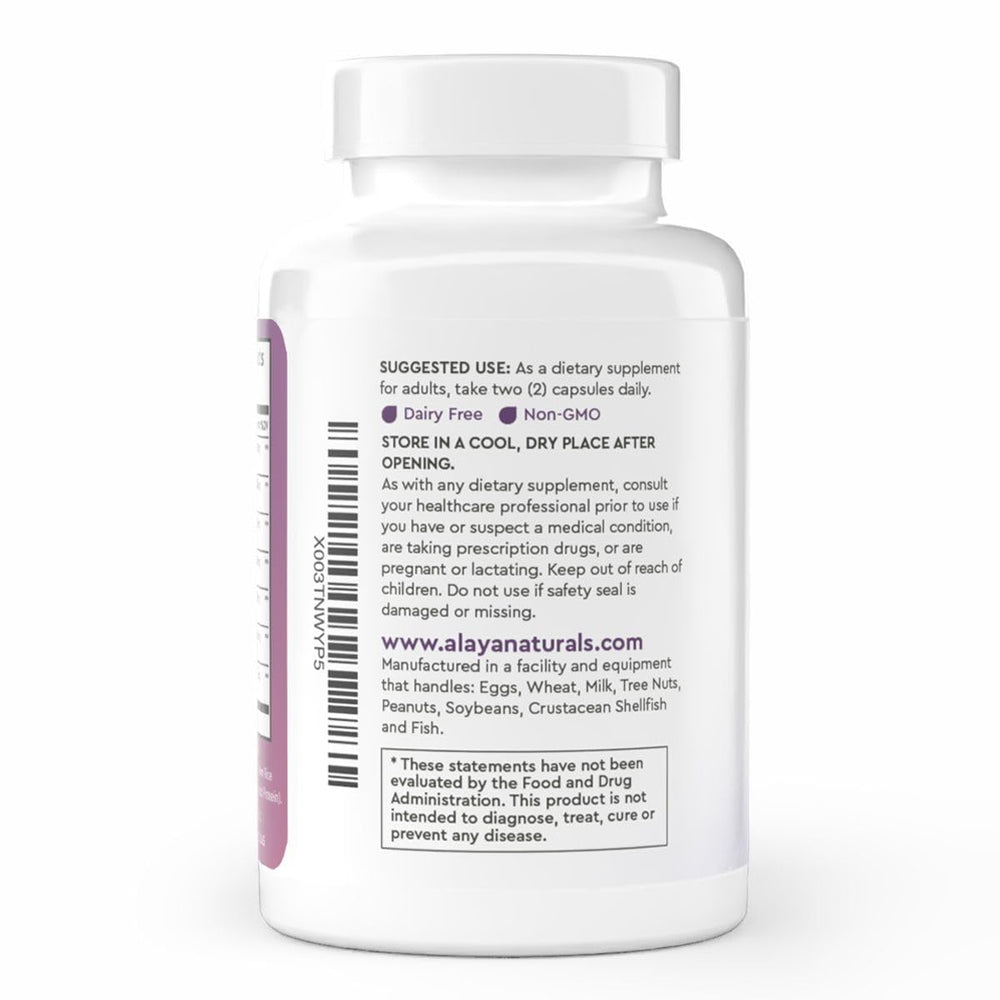 Alaya Naturals Menopause Support label closeup highlighting natural ingredients.