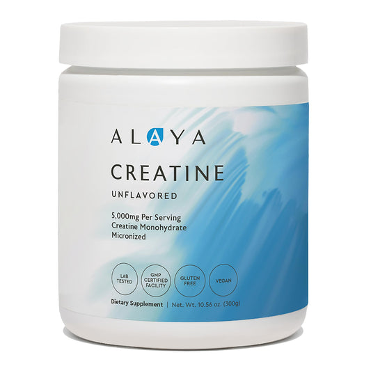 Alaya Naturals micronized creatine bottle showcasing pure vegan formula for performance