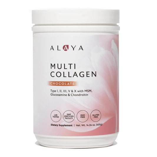 Alaya Naturals Multi Collagen Powder Chocolate tub shown for daily joint and skin support.