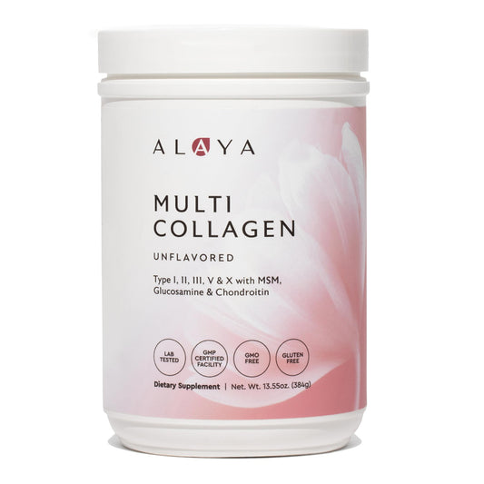 Alaya Naturals Multi Collagen Powder tub showing convenient daily supplement for skin and joints.