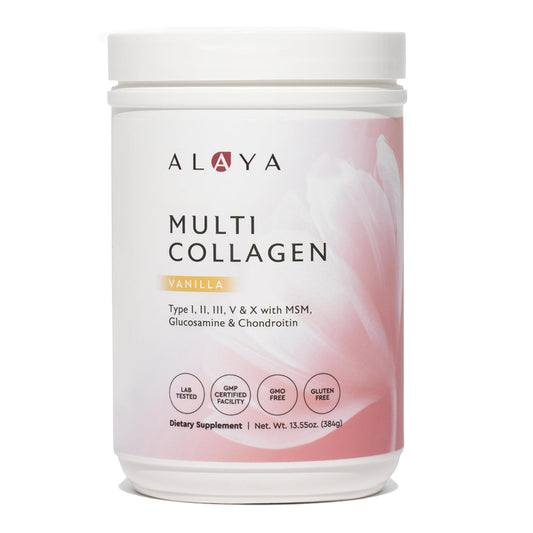 Alaya Naturals Multi Collagen Vanilla tub front view for daily joint and skin support