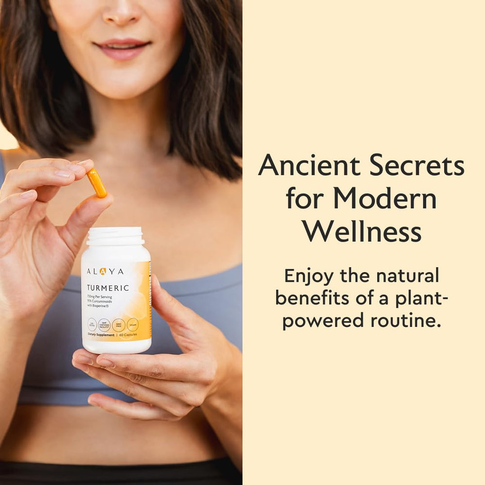 Alaya Naturals turmeric capsules close-up emphasizing 95% curcuminoids for absorption.