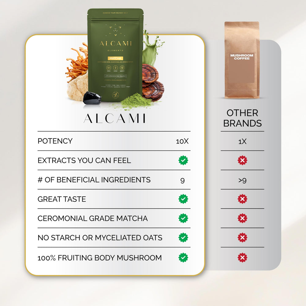alcami elements Matcha Mushroom Coffee cup in morning ritual with subtle steam for energy