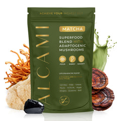 alcami elements Matcha Mushroom Coffee jar showing premium blend for steady daily energy
