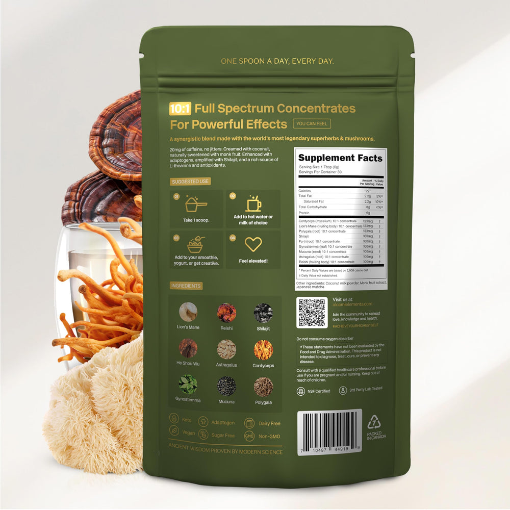 alcami elements Matcha Mushroom Coffee label closeup highlights clean ingredients and transparency