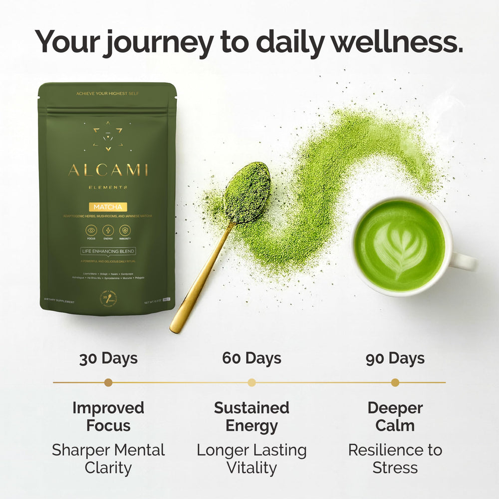 alcami elements Matcha Mushroom Coffee powder scoop emphasizes on-the-go focus and convenience