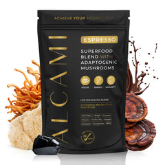Alcami Elements Mushroom Espresso Coffee Blend bag shows premium organic ingredients for energy