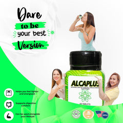 ALCAPLUS green tea cup highlighting metabolism-supporting benefits.
