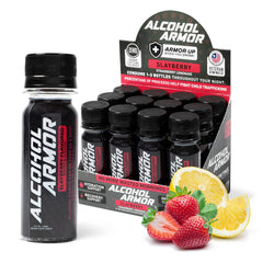 Alcohol Armor Recovery Shot 12-pack bottles for convenient post-party hydration.
