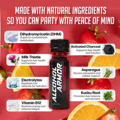 Alcohol Armor Recovery Shot bottle closeup highlights a dye-free, sugar-free formula.