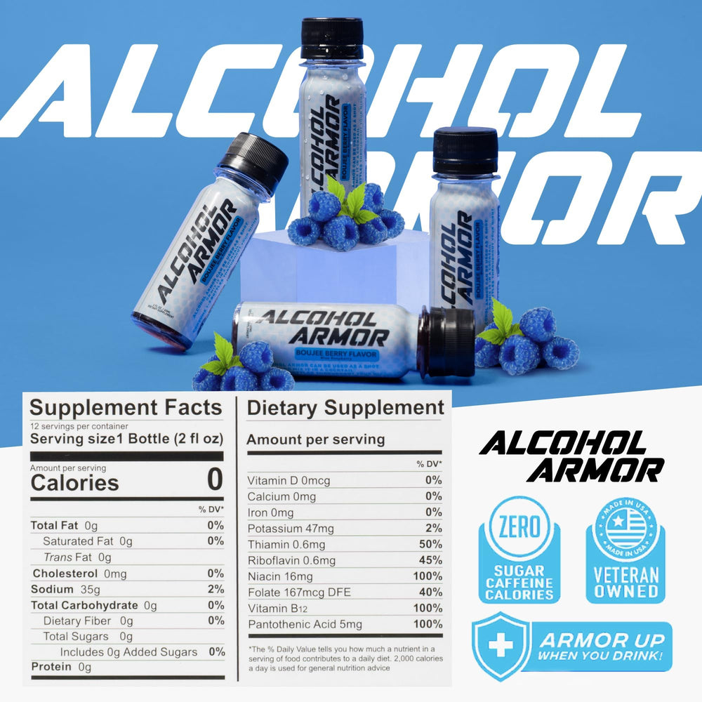 Alcohol Armor Recovery Shot dye-free label highlights natural ingredients for daily hydration.