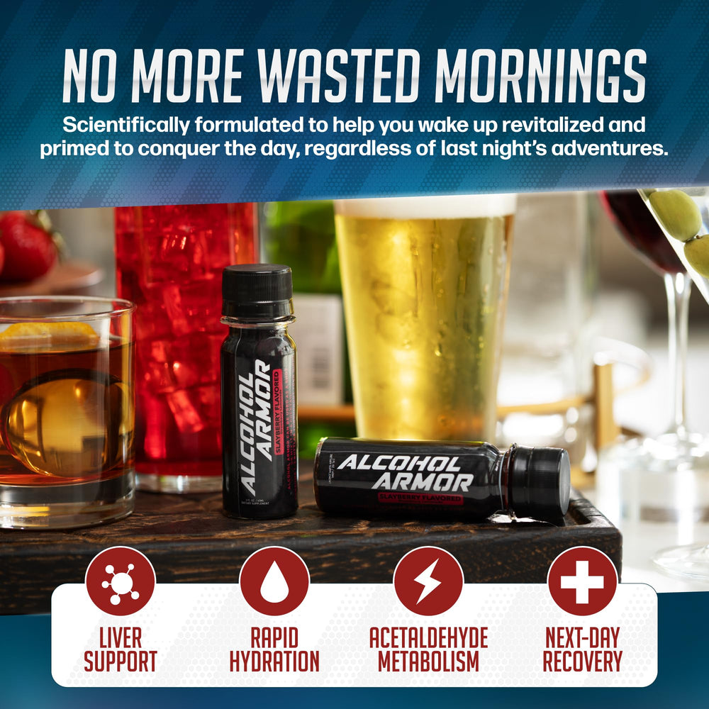 Alcohol Armor Recovery Shot electrolyte packets enable rapid hydration after nights out.