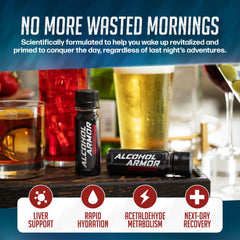 Alcohol Armor Recovery Shot electrolyte packets enable rapid hydration after nights out.
