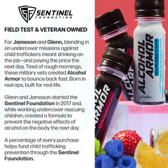 Alcohol Armor Recovery Shot pack and glass showcase bundle-ready hydration on the go.