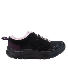 Alegria Rok N Roll plum side view; rocker outsole supports smooth weight transfer.