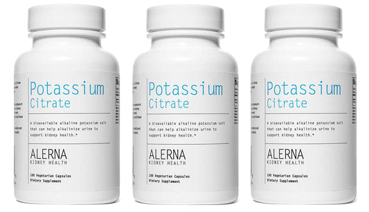 Alerna Kidney Health Potassium Citrate 99 mg bottle front promotes electrolyte balance for daily wellness.