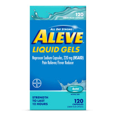 Aleve Liquid Capsules bottle showing 220 mg naproxen for relief