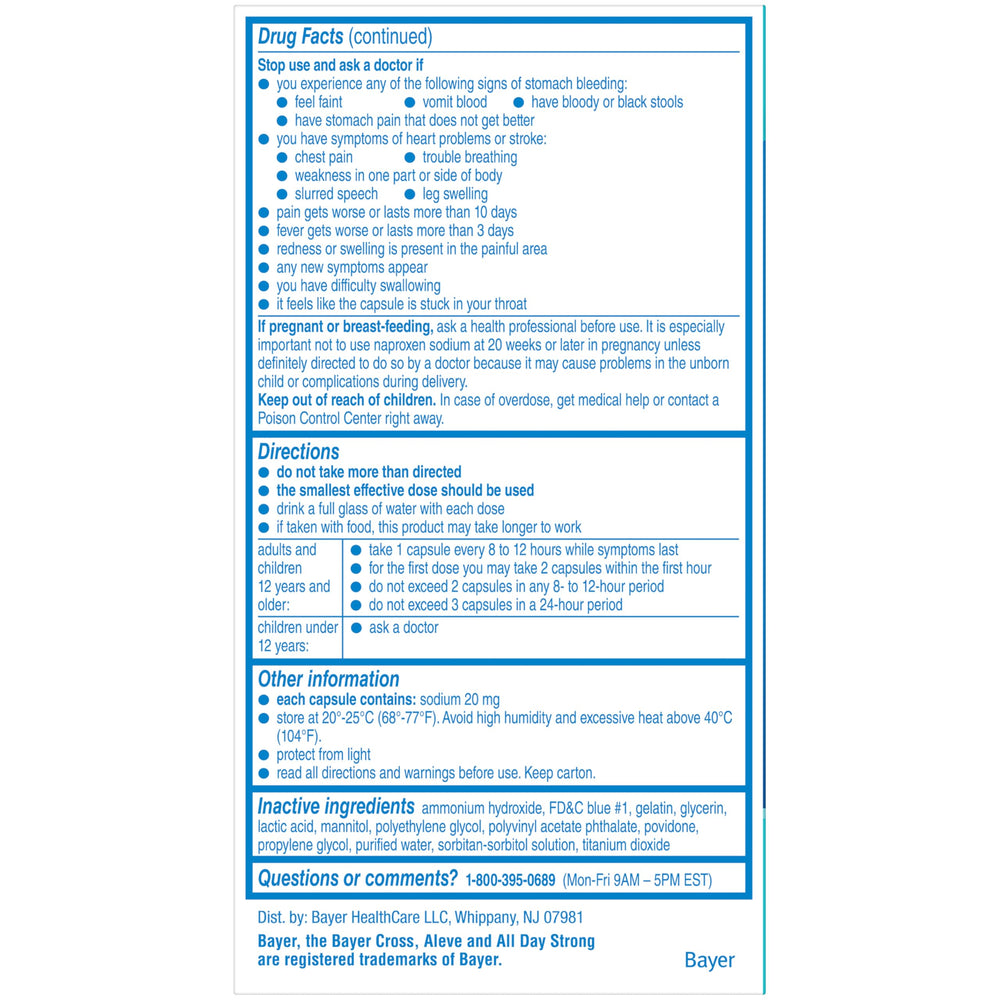 Close-up of label showing 220 mg naproxen and directions