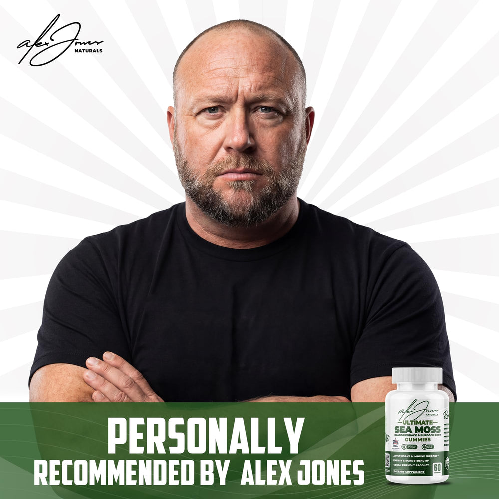 Alex Jones Naturals sea moss gummies pack closeup shows caramel apple flavor and easy daily use