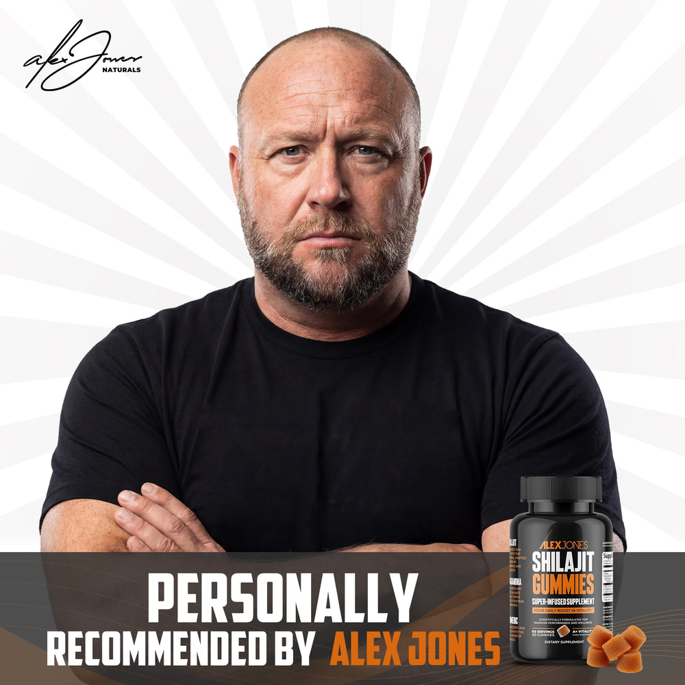 Alex Jones Naturals Shilajit Gummies bottle back with nutrition details.