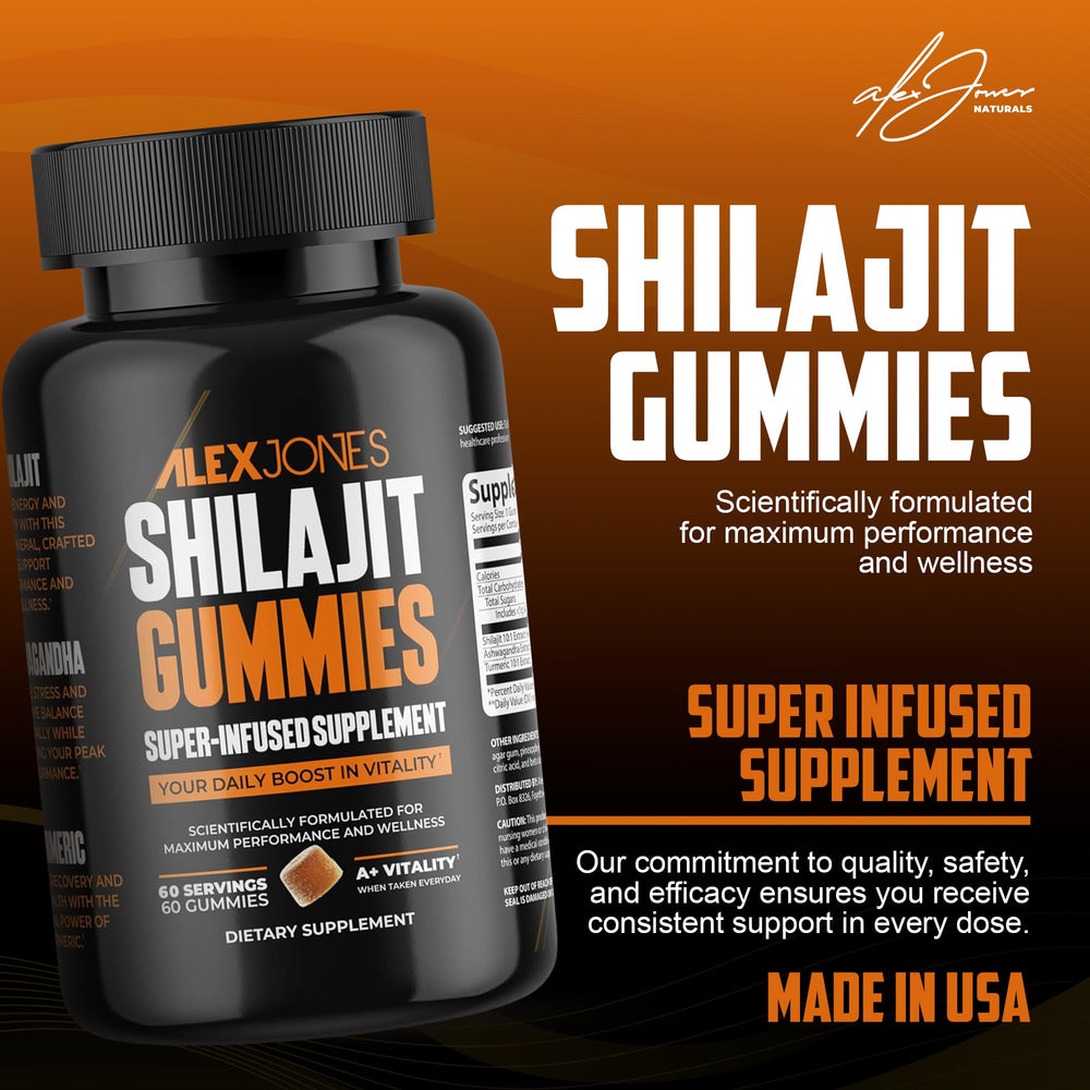 Alex Jones Naturals Shilajit Gummies tablet closeup showing texture.