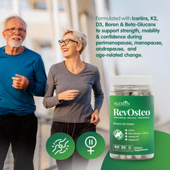 Alexsyn RevOsteo capsules close-up highlighting vegan and gluten-free formula.