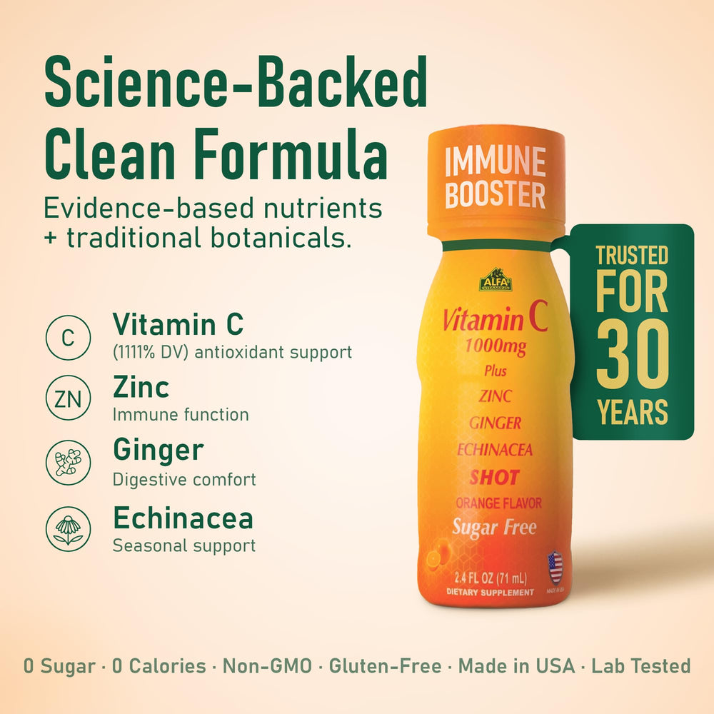 ALFA VITAMINS shot bottle side view for easy everyday immune-support routine.