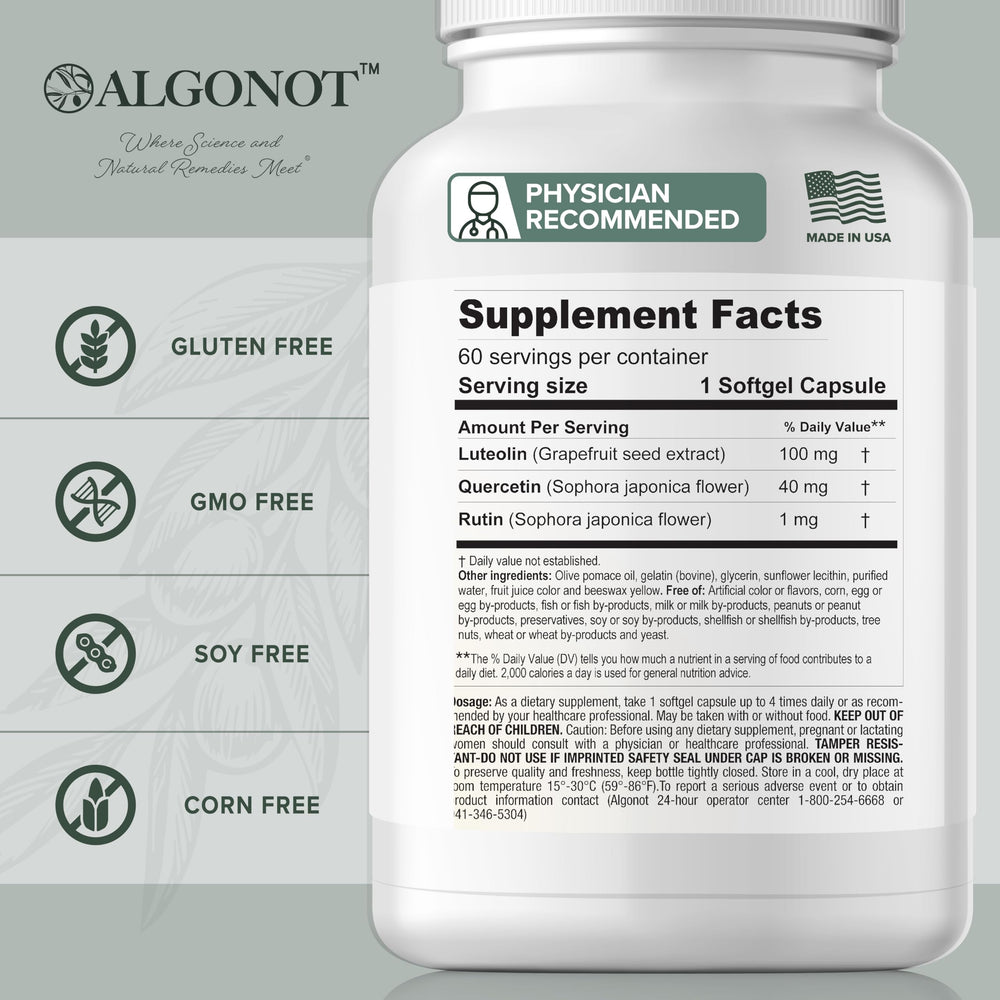 Algonot NeuroProtek Low Phenol softgel close up shows luteolin rich capsules for easy ingestion