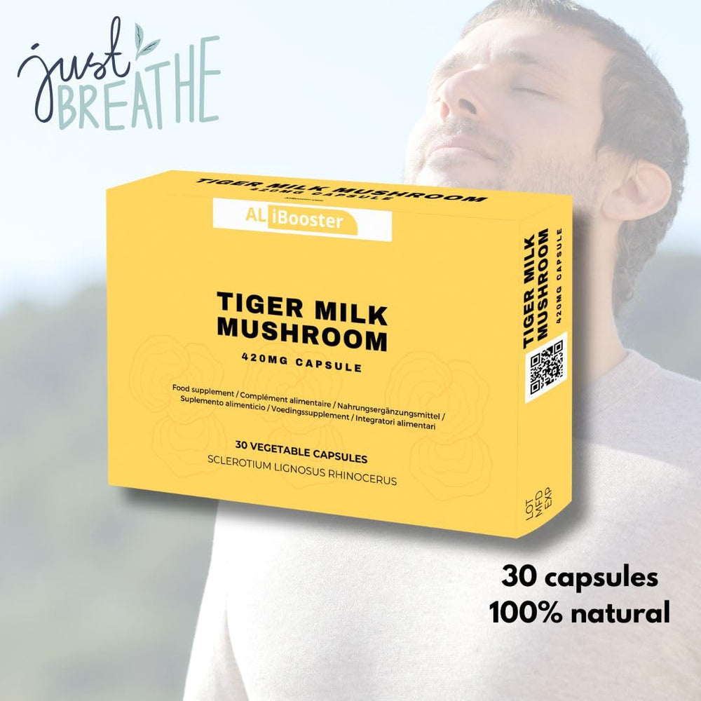 ALIBOOSTER Tiger Milk Mushroom bottle label highlights GMP quality and purity.