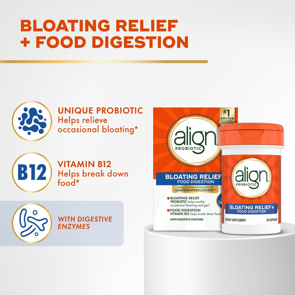 Align Bloating Relief bottle label highlights Bifidobacterium 35624 and enzyme blend