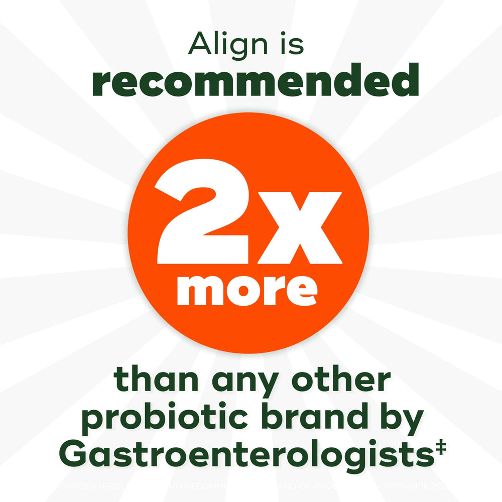 Dispensing jar of Align DualBiotic Gummies on kitchen counter, convenient daily probiotic.