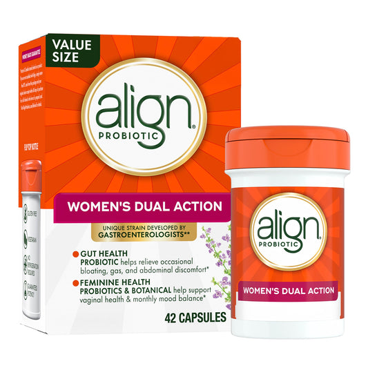 Align Probiotic Women’s Dual Action bottle showing digestive balance support.