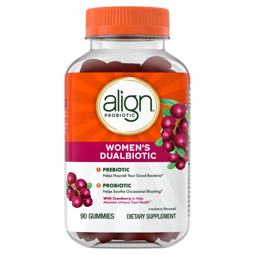 Texture close-up of Align Probiotic Women’s Dualbiotic Gummies with cranberry flavor for daily routine.