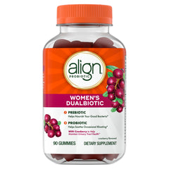 Texture close-up of Align Probiotic Women’s Dualbiotic Gummies with cranberry flavor for daily routine.